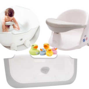 Baby bath time bundle orbital rotating bath seat and bathwater barrier